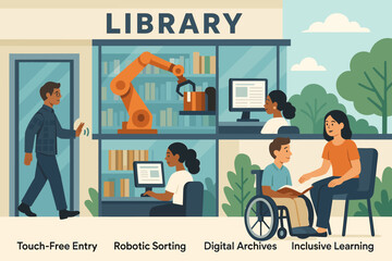 Library showcases modern features with touch-free entry, robotic sorting, digital archives, and inclusive learning opportunities for all