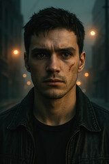 Fototapeta premium Serious young man with scar under eye standing on city street. Intense expression. Generative AI