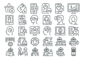 Digital technology icons representing e-commerce, virtual reality, and artificial intelligence applications