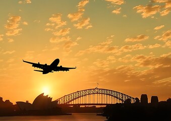 Obraz premium A Silhouette of Sydney and the plane coming in to land 