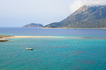 Nikouria, a small uninhabited islet located in front of Aegiali Bay. Amorgos island. Cyclades, Greece