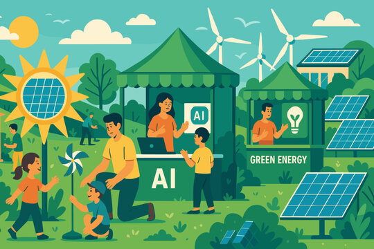 Engaging activities at a green energy fair promoting AI technology and renewable resources for families in a vibrant outdoor setting