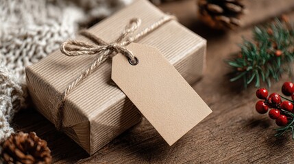 Ultra quality image of blank mock up of a gift tag on a wrapped present, no text or images, ready for personalized messages and holiday designs.