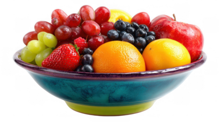 Vibrant turquoise and green ceramic bowl overflowing with a colorful mix of fresh, ripe fruits like grapes, blueberries, strawberries, oranges, and an apple on a transparent background