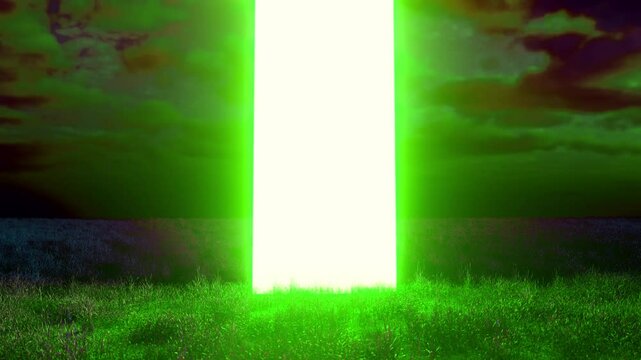 Green luminescent light revealing mysterious rectangular portal standing in nocturnal field, gradually parting to expose intense white radiance suggesting supernatural dimensional transition