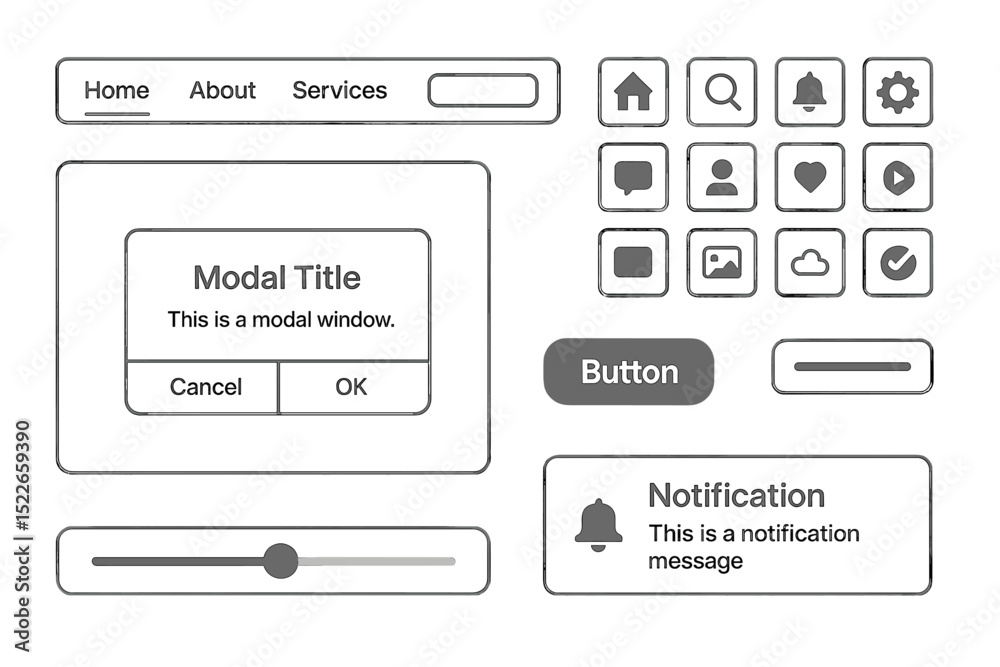 Wall mural design elements for a user interface showcasing various buttons, icons, and modal windows in a monoc