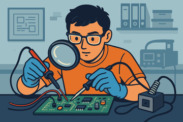 Young man repairs electronic circuit board using soldering tools in a workshop