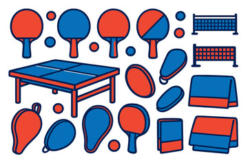 Brightly colored table tennis equipment featuring paddles, balls, and nets laid out in a playful arrangement