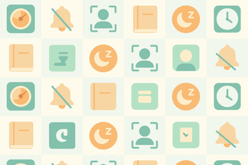 Digital icons representing various sleep and notification settings on a light background