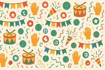 Colorful festive pattern featuring drums, hands, banners, and globe designs for celebrations and parties