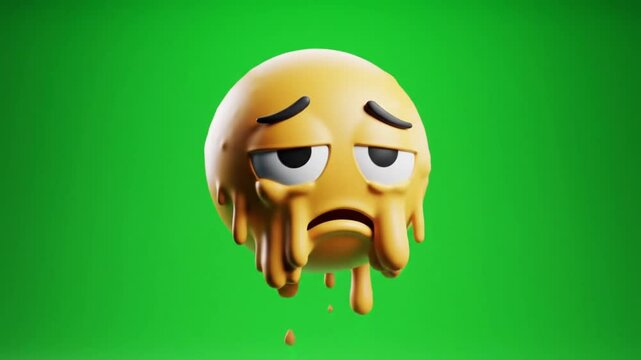 A melting yellow emoji face with a sad expression, isolated on a green background