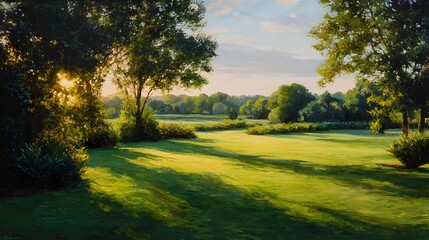Obraz premium A beautiful painting of a tranquil park landscape featuring a vibrant green field and peaceful natural surroundings