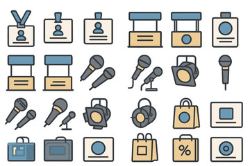 Collection of various icons representing events, identification, and media equipment for conferences and gatherings