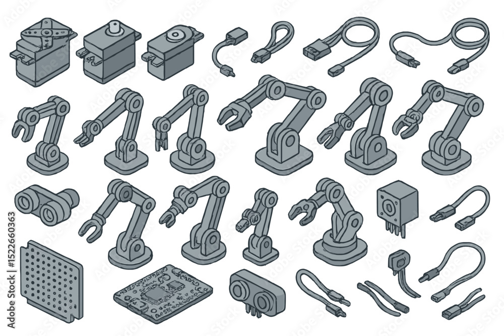 Wall mural various robotic components and accessories arranged in an organized layout for engineering and desig