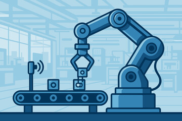 Robotic arm assembling parts on conveyor in smart blue factory