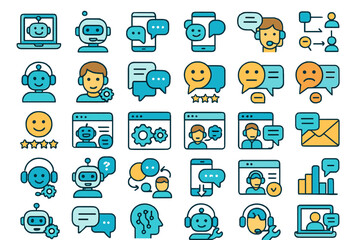 Icon collection depicting various aspects of customer support and communication technologies in a digital format