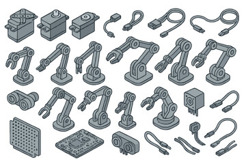 Obraz premium Various robotic components and accessories arranged in an organized layout for engineering and design tasks