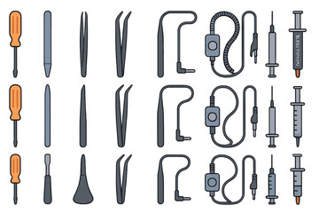 Grid layout of electronic repair tools with syringes and tweezers