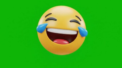 A bright yellow laughing emoji with tears streaming down its face, set against a vibrant green background - Powered by Adobe