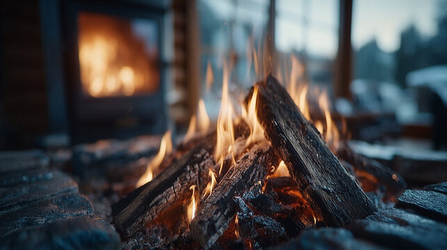 Cozy fireplace scene with burning wood and flames in a blurred background atmosphere