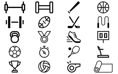 Sports & Fitness icons vector set. Exercise, gym, dumbbell, football, basketball, running, cycling, health activity symbols