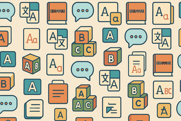 Colorful seamless pattern of grammar books, letters, and speech icons