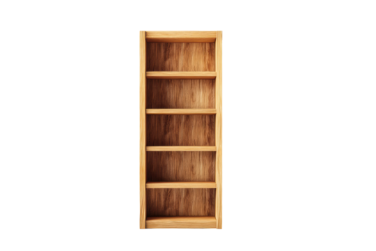 Tall wooden bookshelf with multiple shelves against white background, cut out
