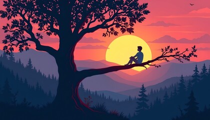 Fototapeta premium flat illustration of a figure sitting on a tree limb with warm sunset hues