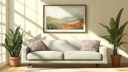 Sunny living room with art and plants