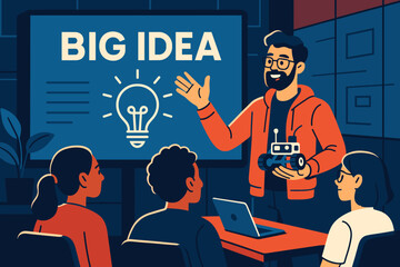Presenter showcasing robotic prototype during big idea pitch session