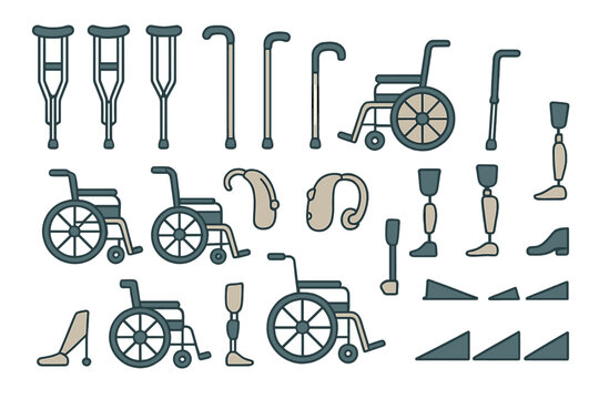 Collection of mobility aids featuring crutches, wheelchairs, prosthetics, and hearing devices in a simple design
