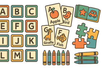 Colorful preschool icons with alphabet blocks, flashcards, and crayons