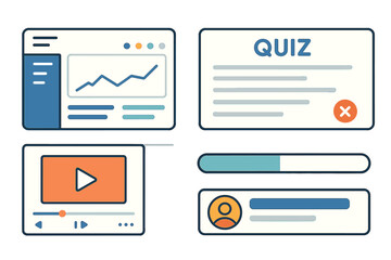Interactive learning tools showcasing a quiz, video player, and progress indicator on a digital platform