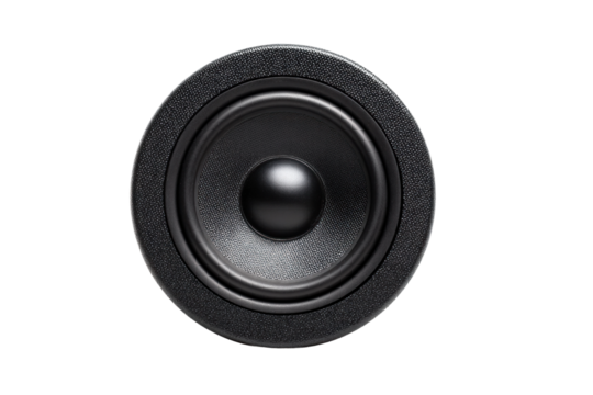 High-quality black audio speaker on black background, cut out