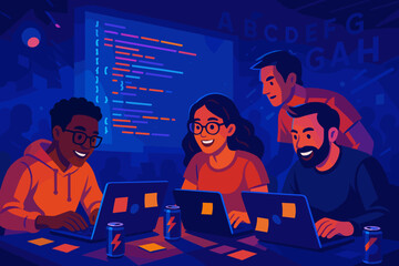Group of young adults collaborating on coding projects in a dimly lit tech space during a hackathon event