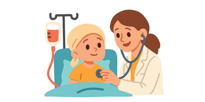 doctor comforting a little patient,  care and support in an oncology clinic