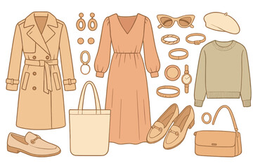 Fashion accessories and clothing items arranged for an autumn outfit inspiration in a neutral color palette