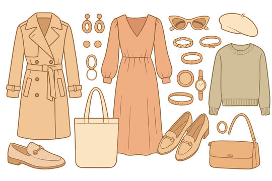 Fashion accessories and clothing items arranged for an autumn outfit inspiration in a neutral color palette - Powered by Adobe
