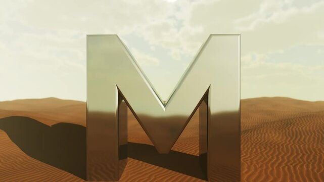 Metallic letter m standing in barren desert landscape, reflecting cloudy sky overhead, creating surreal visual experience with chrome surface and vast solitude
