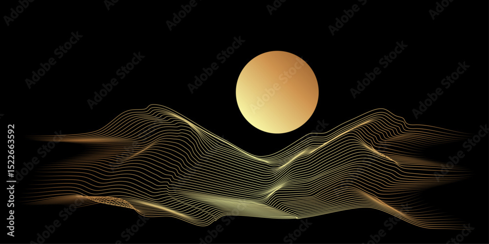 Poster abstract art mountain landscape with glowing lines waves pattern and sun isolated on black backgroun