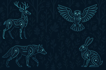 Digital animals featuring a deer, owl, fox, and rabbit in a dark forest setting showcasing technology and nature integration