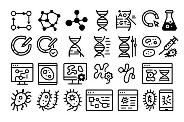 Fototapeta premium Science icons depicting molecular structures, DNA, and laboratory equipment showcasing biological research concepts