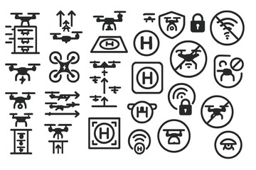 Fototapeta premium Drone operation and no-fly zone icon set with takeoff, landing, and security