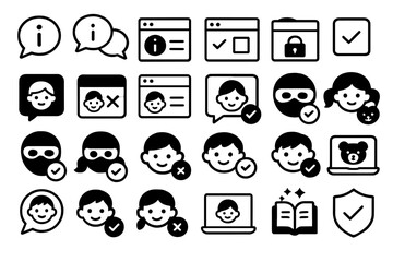 Various icons representing digital safety, privacy, and online interaction in a modern design