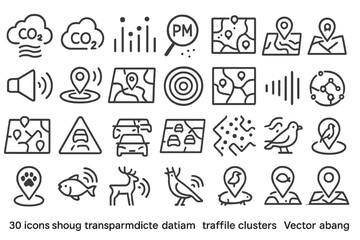 Fototapeta premium Collection of transportation and environmental icons representing traffic, emissions, and location data analysis