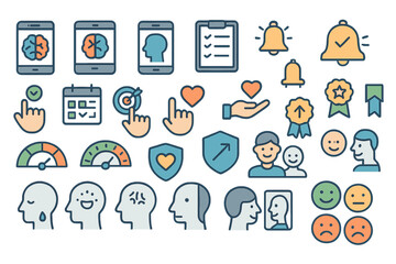Collection of icons representing mental health, wellness activities, and user engagement metrics for digital applications