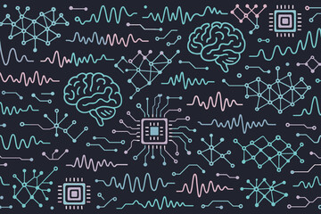 Fototapeta premium Complex patterns showcasing artificial intelligence concepts with circuits and brain illustrations on a dark background