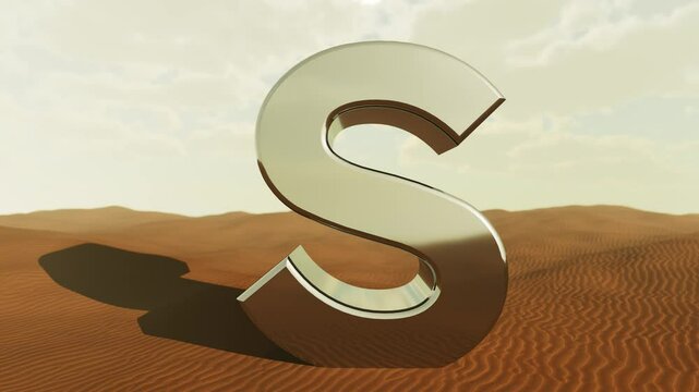Metallic silver letter s standing alone amid desert sand dunes, reflecting sunlight against dramatic sky with gleaming chrome surface creating striking visual communication element