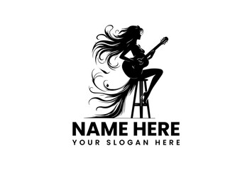 Elegant female guitarist silhouette logo with flowing hair and acoustic guitar vector  