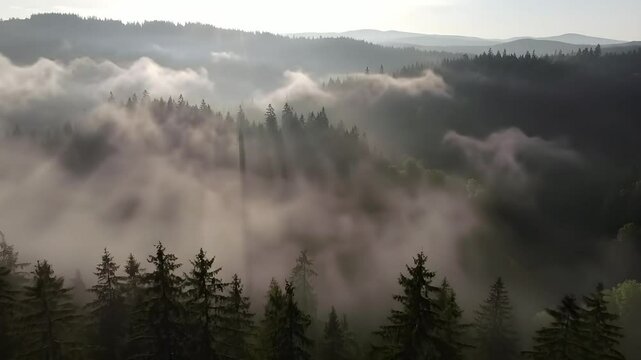 Misty Mountain Forest Captured from Above with Rolling Fog and Sunrise Light